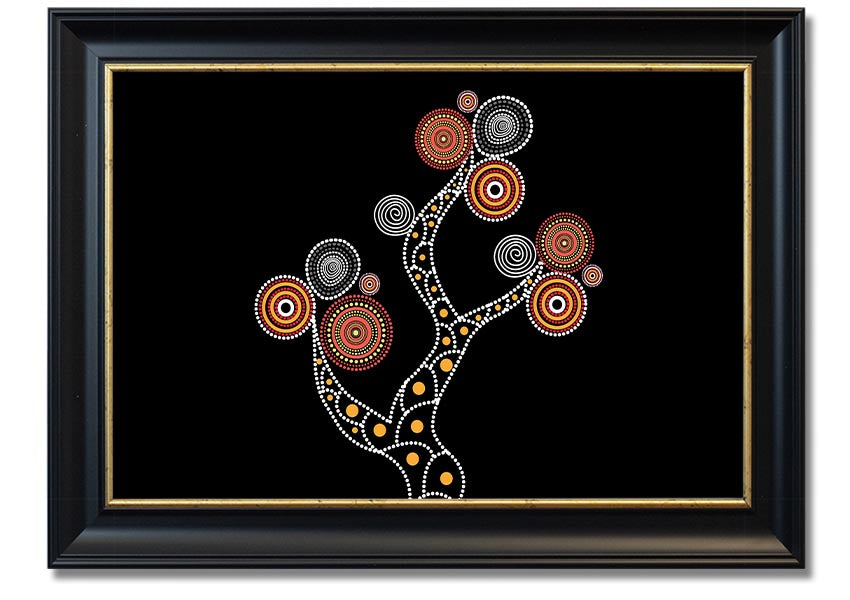 Framed Aboriginal Tree 1 print showcasing vibrant colors and intricate patterns, ready to hang.